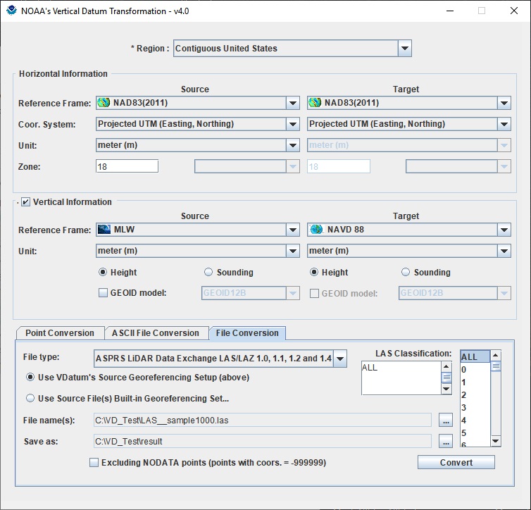 vdatum convert LiDAR (*.las) files